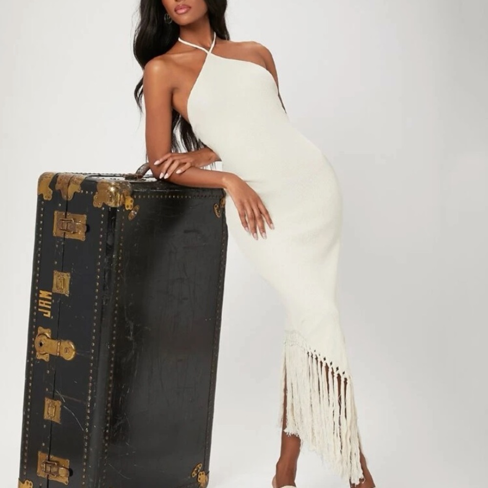 Cream Fringe Halter Dress